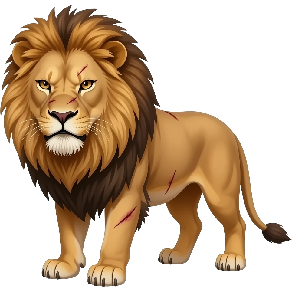 Make a angry lion with scars and closed mouth and seeing in attitude A standing emoji