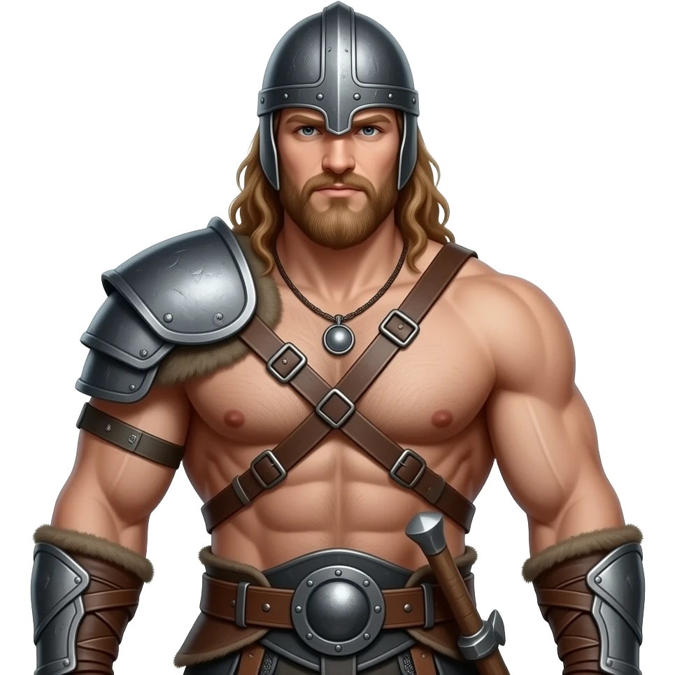 Vikinger mit nackten maskulinen behaarten Oberkörper und starker Brust, mit Leder Riemen und Schulterpanzer. Er trägt eine Axt und ein Helm emoji