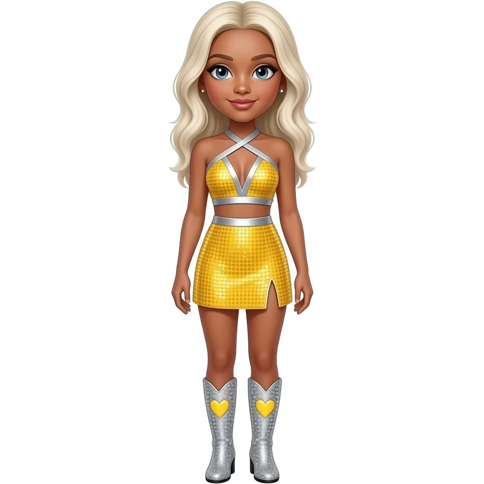 Sabrina Carpenter platinum blonde hair wears a yellow sequined two-piece set silver lined featuring a halter-style crop top with a pointed hem and a matching mini skirt with a slit . Silvery glittery rhinestone boots with yellow heart on boots emoji