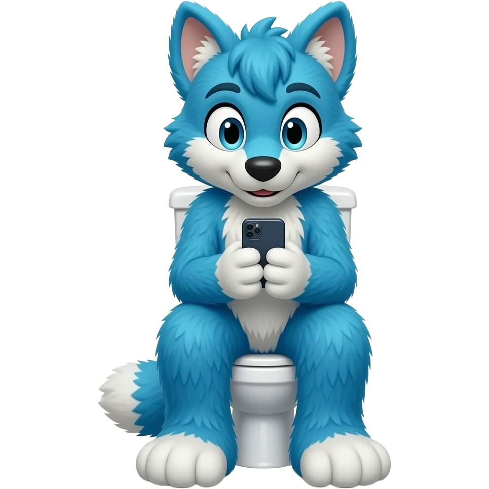 blue fursuit sitting on toilet, front view, legs together, looking down at phone emoji