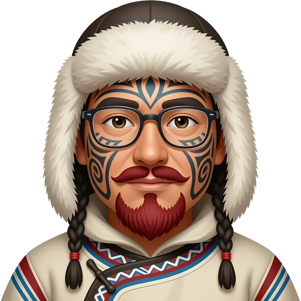 eskimo man with face tattooes, red mudtache, glassess and classic eskimo outfit with hat, just face emoji