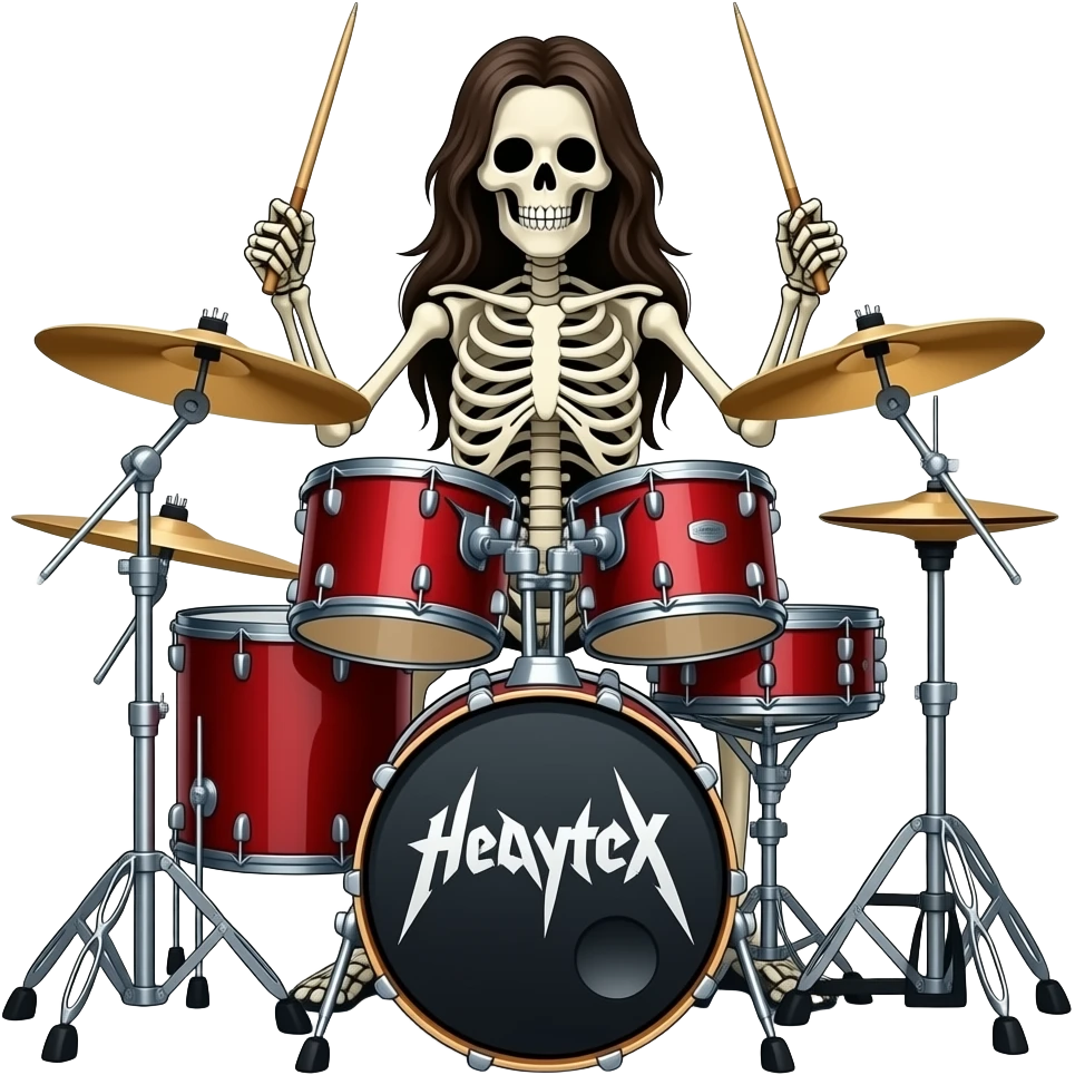 A full body long haired skeleton playing a heavy metal drums emoji