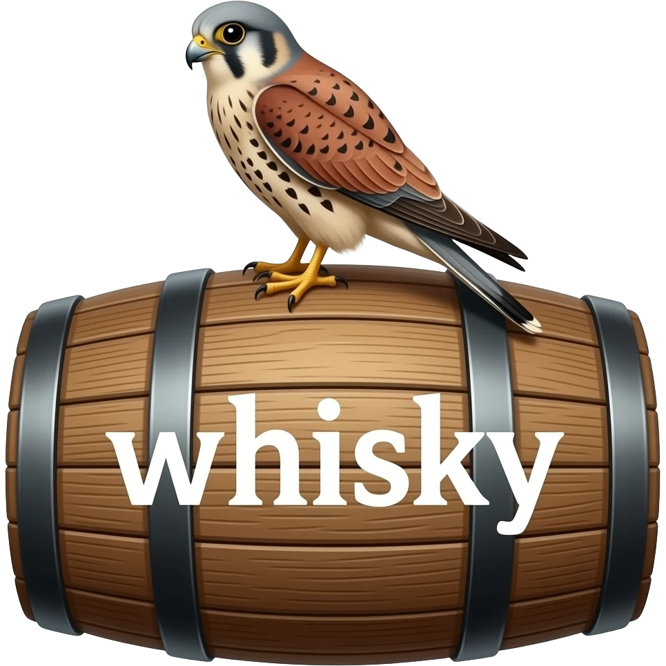 kestrel sitting on whisky barrel. the barrel is clearly stenciled "whisky" in such a way that it looks like it was Saturday painted through a cut out stencil of the word emoji