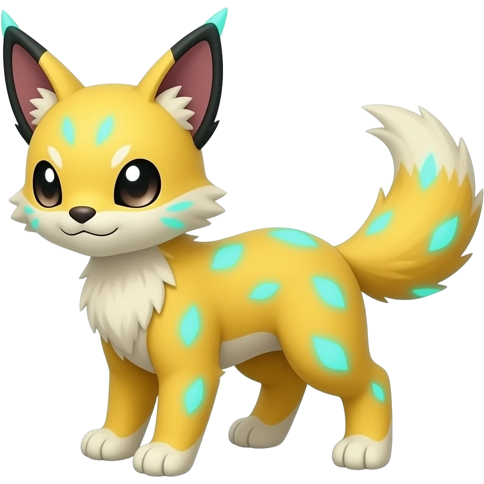 Yellow Renamon-Zeraora-Genet-Civet-caracal-Fennekin-Manectric-Vaporeon-Fakémon-hybrid with glowing neon cyan markings emoji