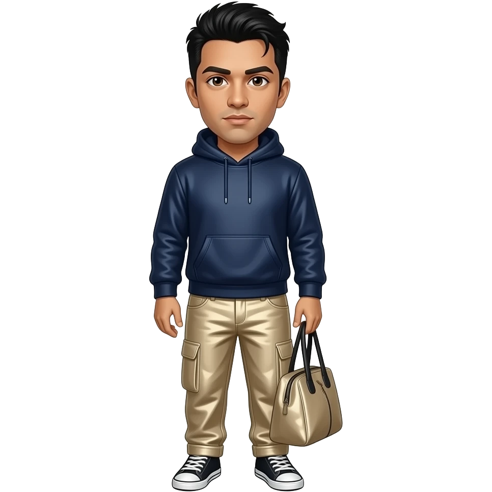 Chino Moreno with brown eyes, black hair, navy metallic sweatshirt, beige metallic baggy pants emoji