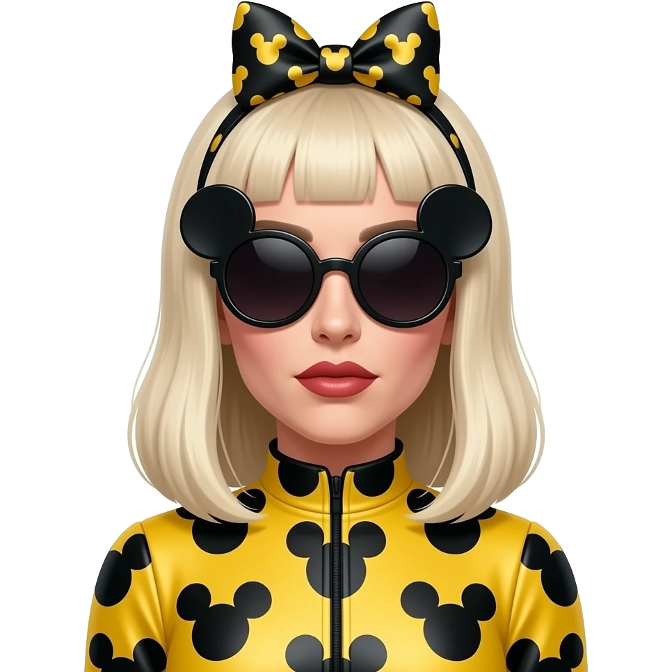 lady gaga as a saint wearing a hair bow made out of hair and mickey mouse shaped sunglasses with a yellow catsuit with black mickey silhuettes emoji
