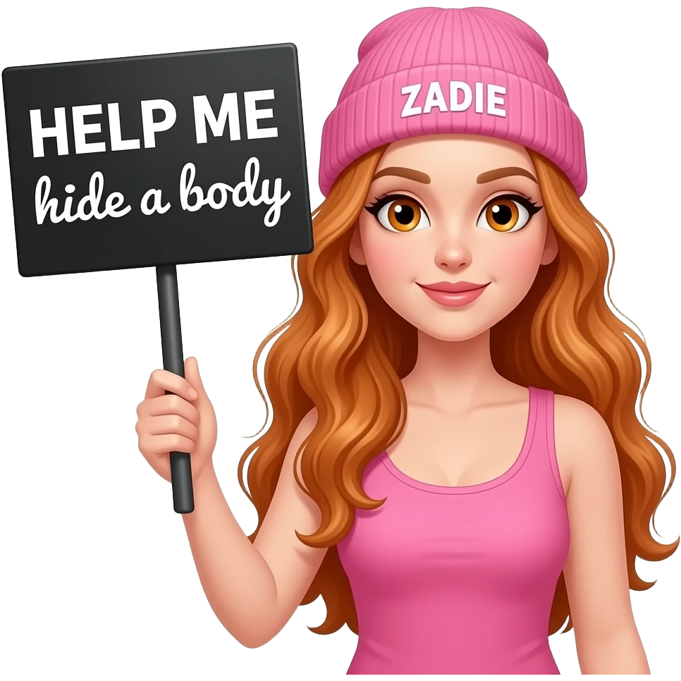 sexy girl with overlong wavy ginger hair and ginger eyes wearing a pink tanktop and a pink beanie with ZADIE written on it, is holding a black sign with HELP ME hide a body written on it emoji