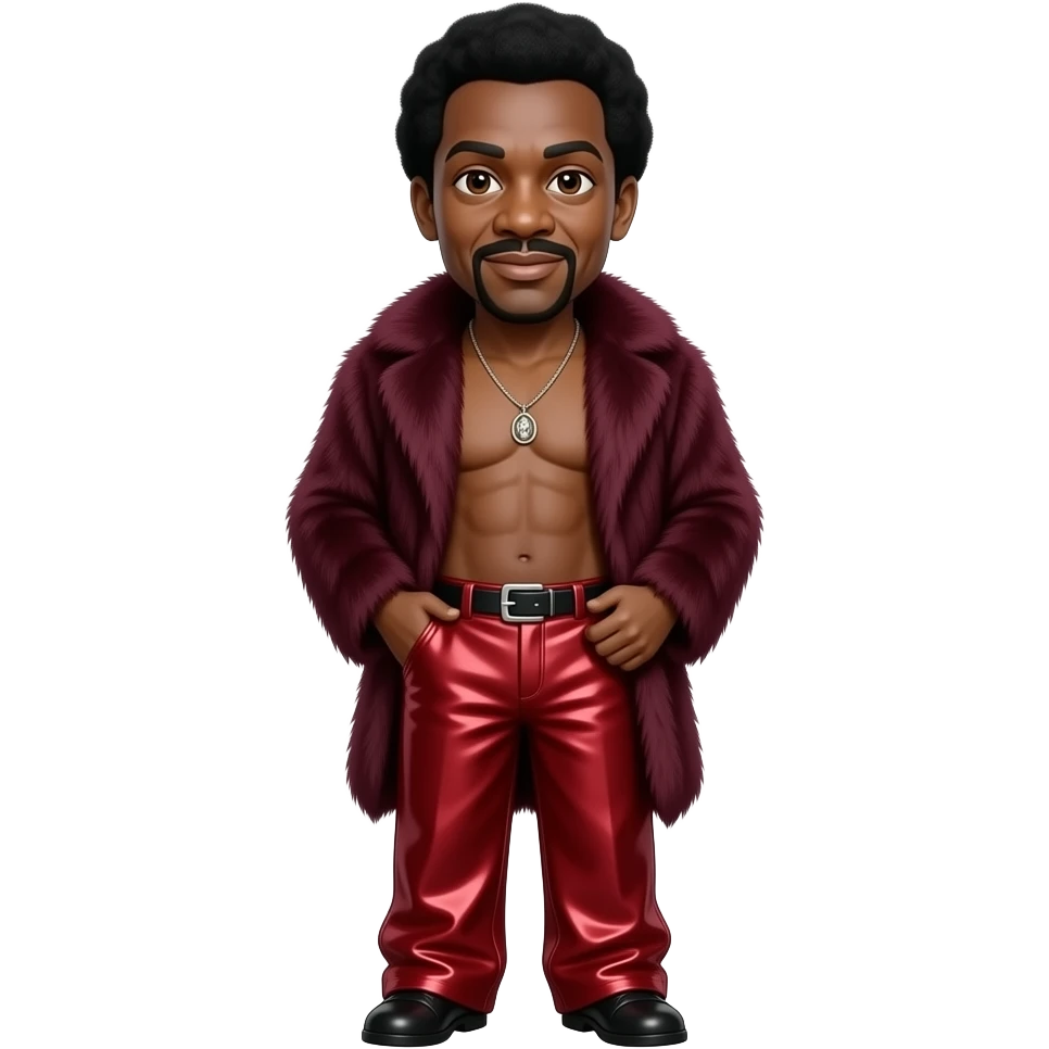 Richard Pryor with dark brown eyes, black hair, maroon fur shawl, crimson chrome baggy pants, shirtless with necklace emoji