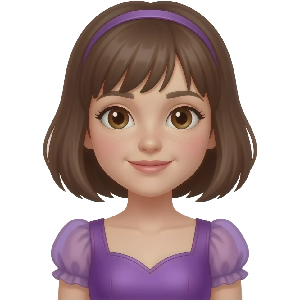 a girl with short brown hair with brown eyes loves dogs purple amethyst dress emoji