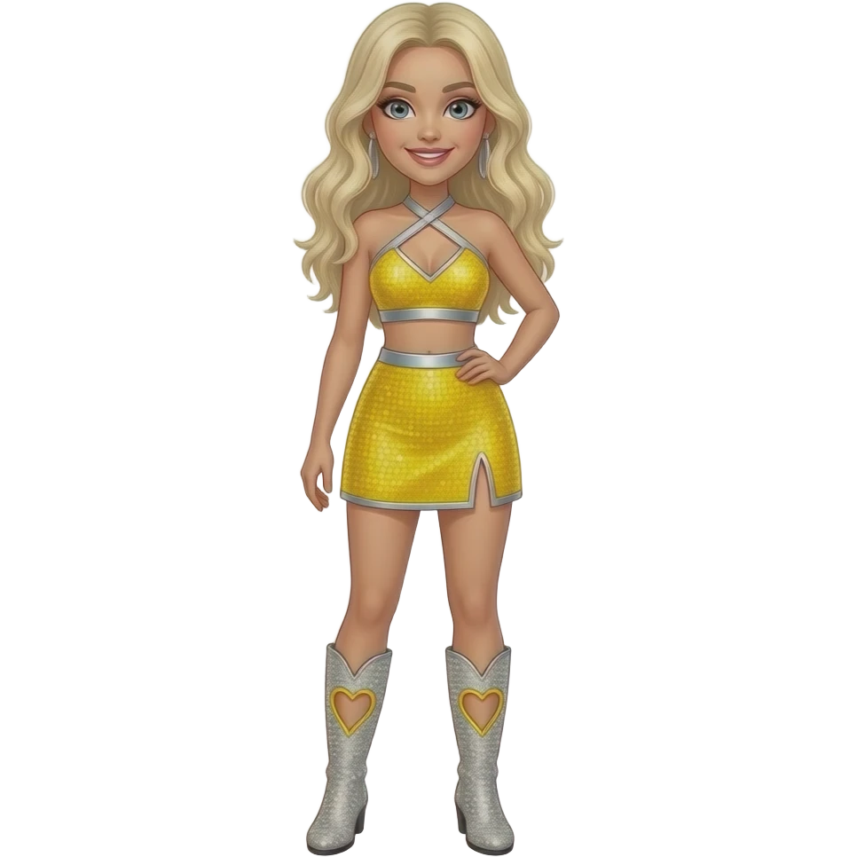 Sabrina Carpenter platinum blonde hair wears a yellow sequined two-piece set silver lined featuring a halter-style crop top with a pointed hem and a matching mini skirt with a slit . Silvery glittery rhinestone boots with heart cut out at side and yellow outline emoji