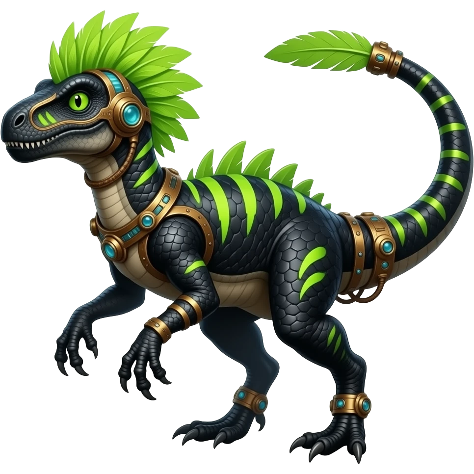 Cool edgy ancient black-scaled with neon-colored stripe markings digitigrade bipedal vintage futuristic raptorik fantasy-Cyberpunk-Steampunk-Solarpunk-Genesect-Salamence-Tyranitar-Salazzle-Feraligatr-Fakémon-animal-hybrid, with neon-green feather-mane, and a tail blade, back spikes, full body emoji