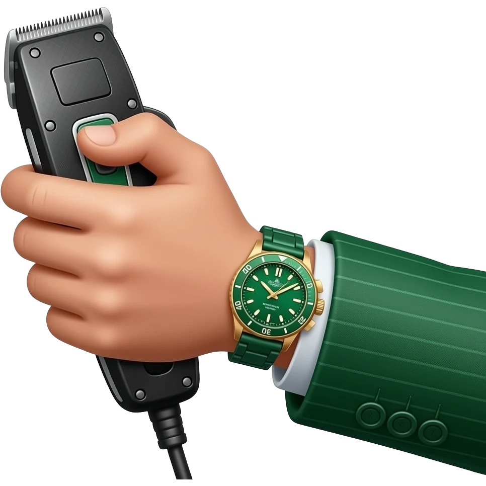 create me a hand which is holding a trimmer, and have green richard mille watch on and have green suit. Do so many details of watch and suit and the trimmer. Give a lot of details to this suits sleeves, same on watch 4k details. isolated and centered with padding on both sides to avoid cropping. emoji