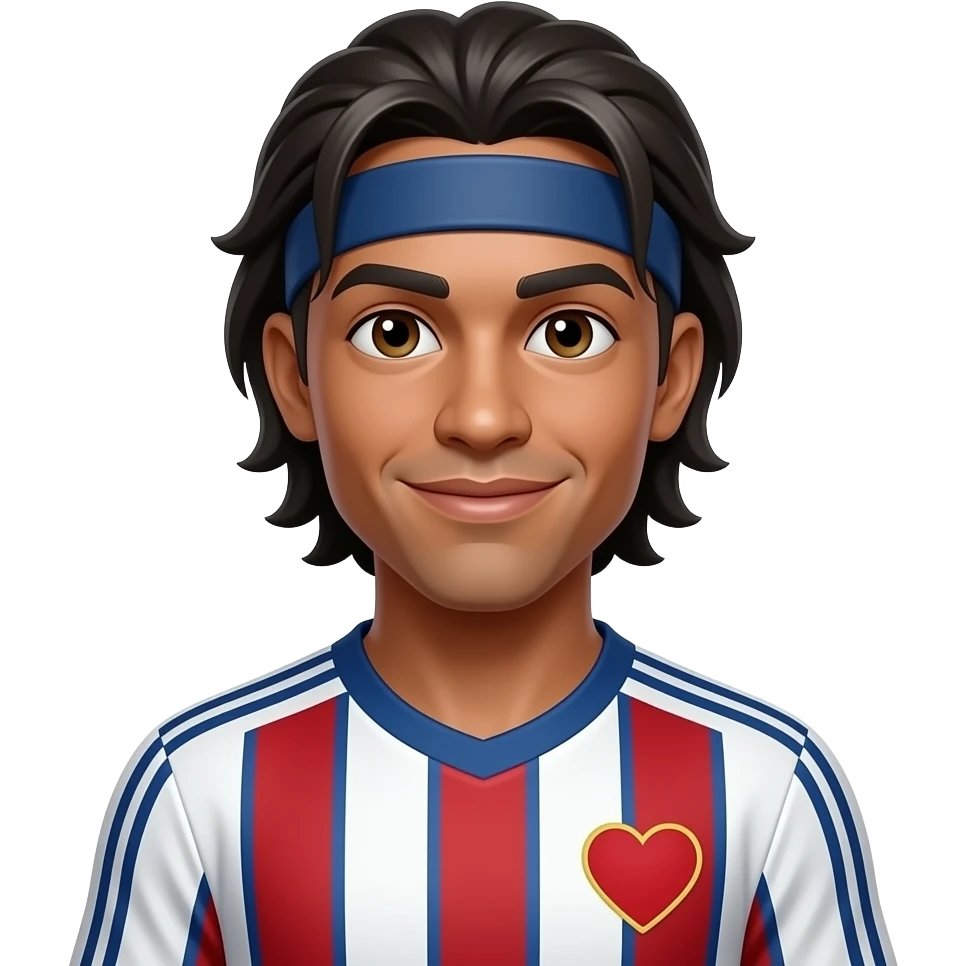 Same exact Ronaldinho emoji character, chest-up, front-facing, centered, identical hair, face, headband, jersey and style. Hide 1 small red heart partly blended into the shadow under the left shoulder. 3D glossy cartoon emoji, YouTube Shorts puzzle style, no text. emoji