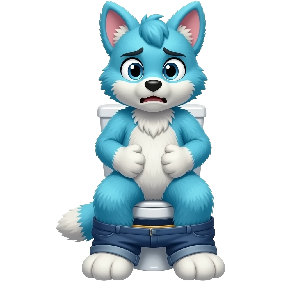blue fursuit sitting on toilet, front view , pants down, pushing, straining face,  uncomfortable, hands on stomach emoji