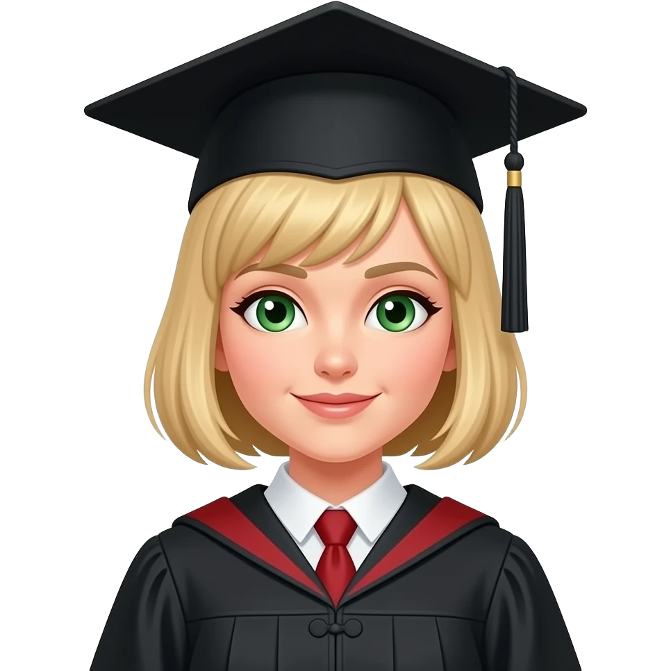 An emoji style representing a white woman with green eyes and blond bobcut hair. She wears a black graduation cap on her head and a cape, symbolizing academic success. Her expression is soft and proud. emoji