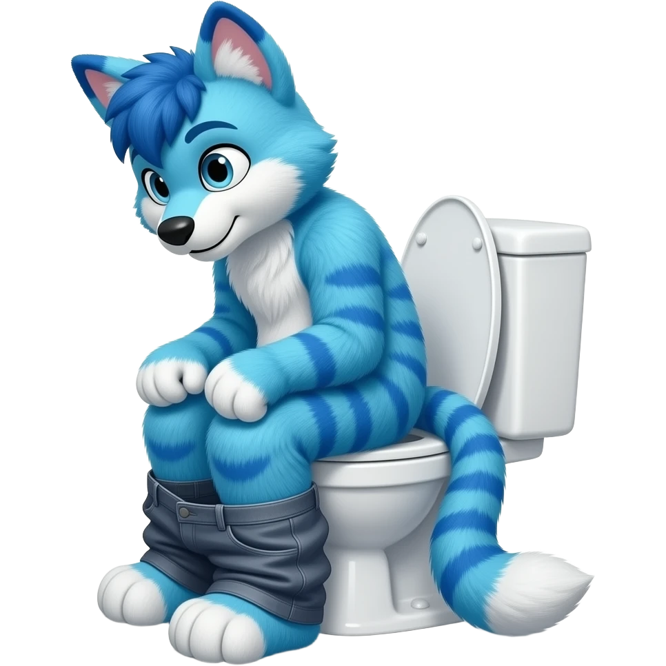 blue fursuit sitting on toilet, side view , pants down, pushing, constipation emoji