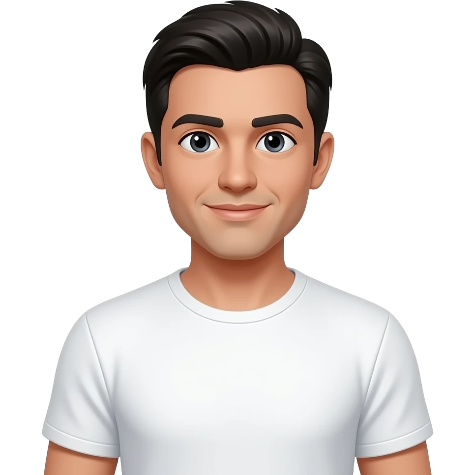 یک مرد سفید پوست با موهای مشکی و تیشرت آستین کوتاه سفید emoji