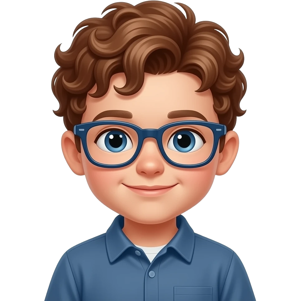 A cute Little boy 4 years old tight very tight curlswith tight curly brown auburn hair and dark blue little glasswes emoji