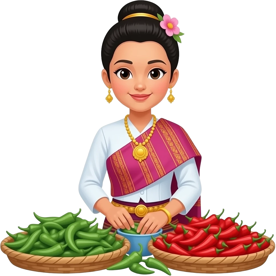 A Thai beautiful woman is selling green and red Thai chili peppers at the market emoji