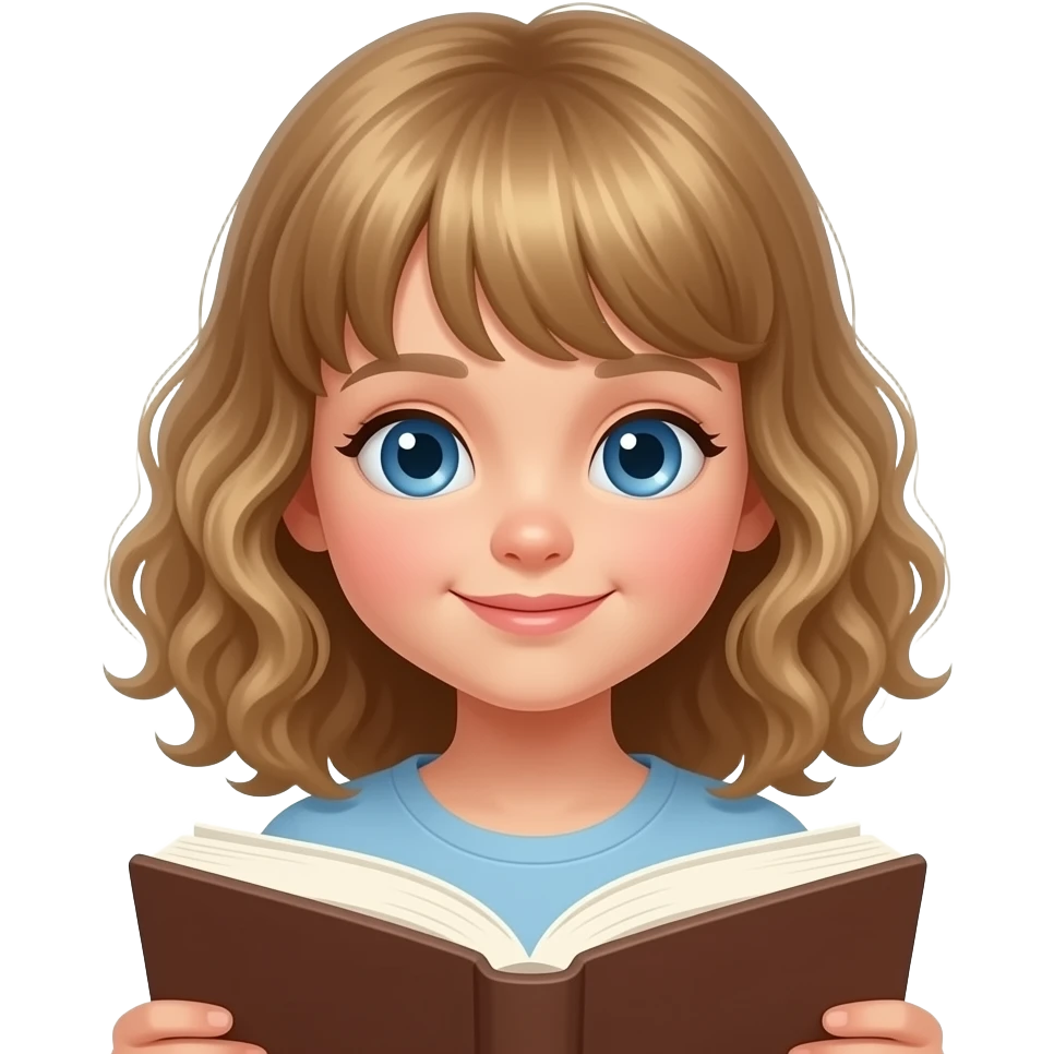 white kid blue eyes mid length with bangs soft curly hair to shoulders in color: middle to little darker blond, reading book emoji
