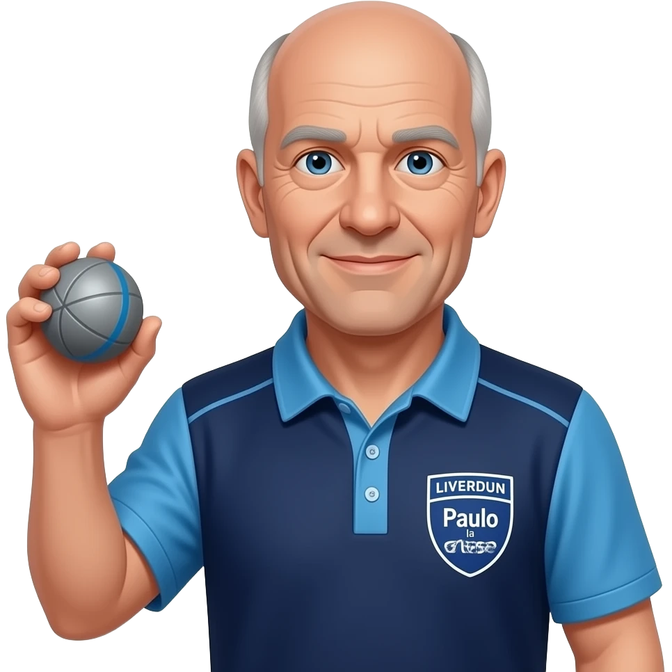 tête homme 60 ans yeux bleus totalement chauve avec boule de pétanque grise à la main sur maillot bleu foncé avec col trois boutons bleu clair et avec épaules seules bleu clair coté bras bleu foncé droit Pétanque LIVERDUN, côté gauche "Paulo la lose"" emoji