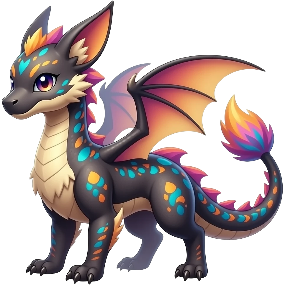 Beautiful pretty cool edgy elegant realistic Feral Rare Fantasy colorful vibrant Vernid-Trico-Haku-dragon-species-Fakemon-creature by LiLaiRa, random markings, tufted tail, tufted ears, full body emoji