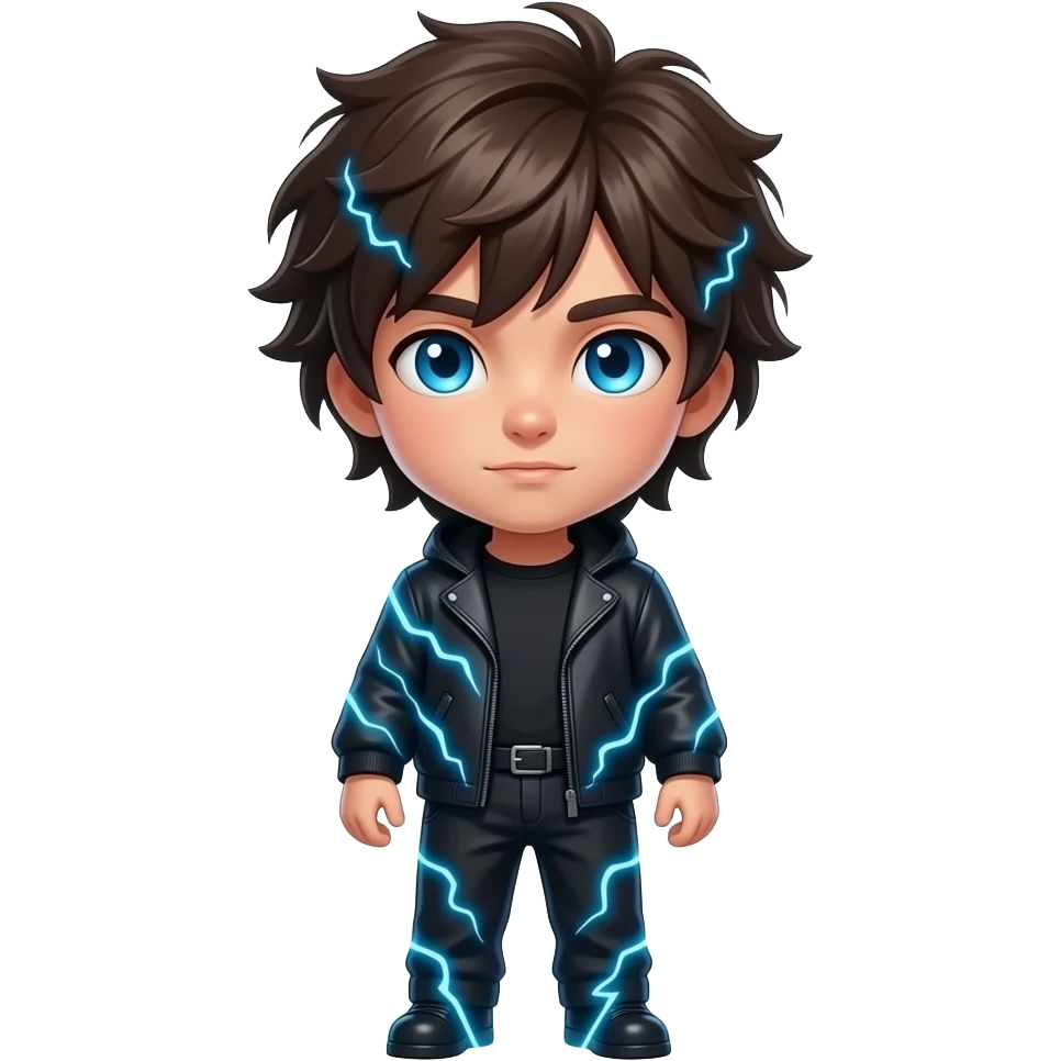 young male with long, messy dark brown hair, glowing electric blue eyes and a black outfit that has a blue electrical current surrounding his body full body emoji