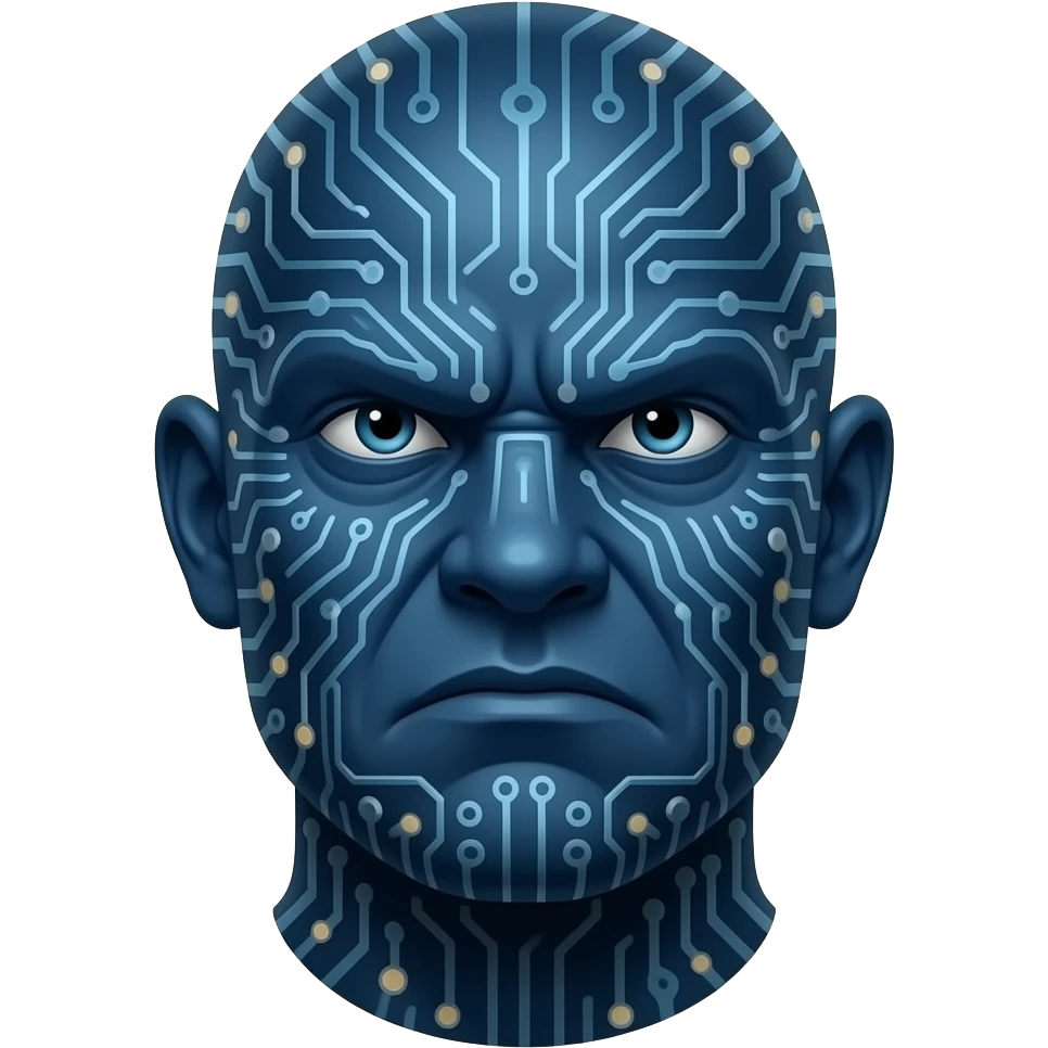 The image features a stylized prehistoric and frowning portrait of Blaze Bayley with dark blue skin covered in computer circuitry. emoji