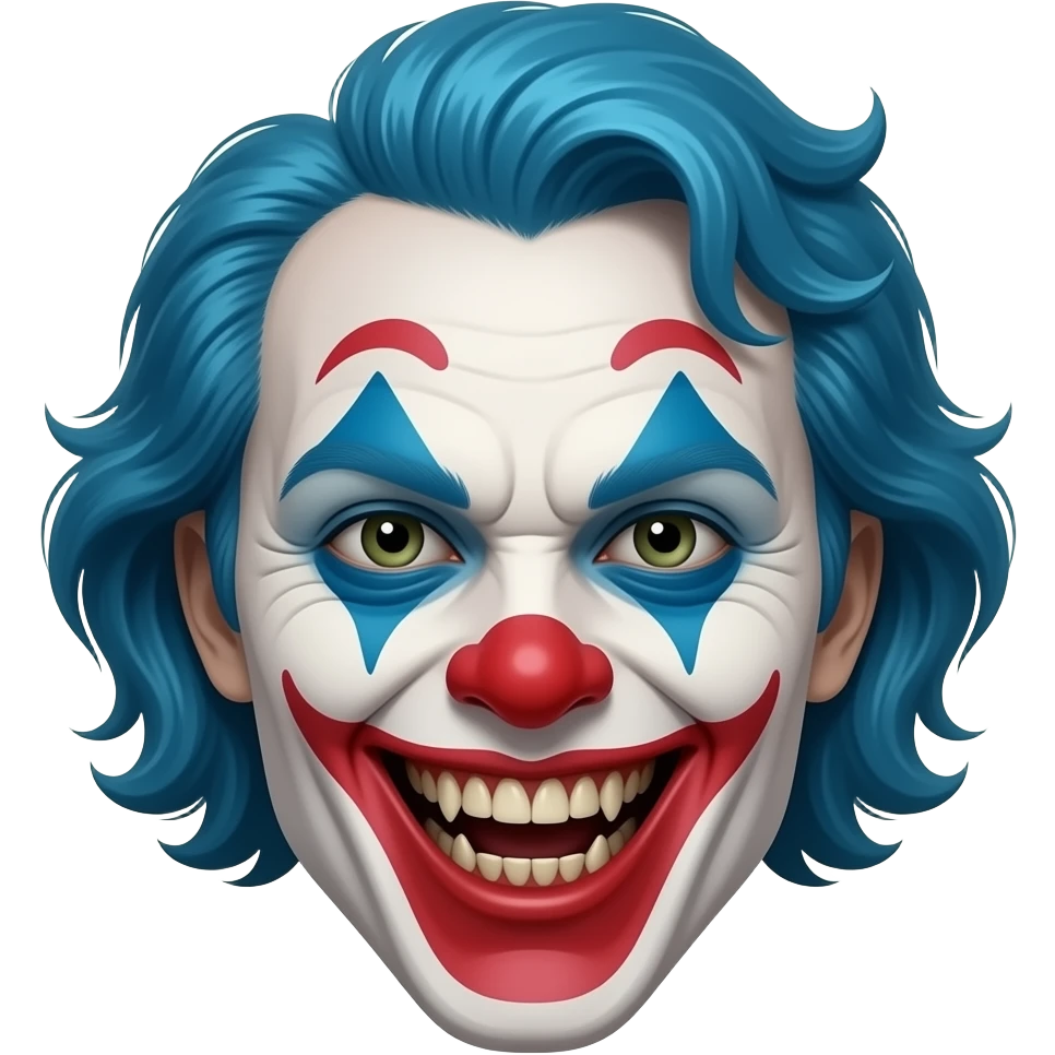An evil clown with blue hair, head only, wicked grin, hyper real, crazy makeup, scary emoji