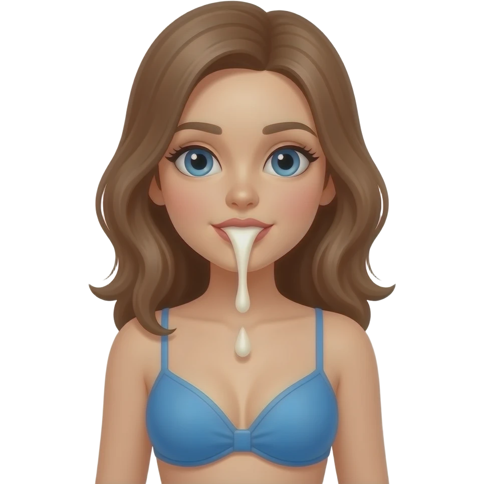 فتاة ترتدي حمالة زرقاء بشرة بيضاء ويخرج من فمها الحليب emoji