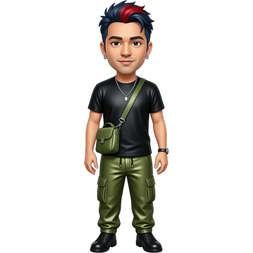 Mike Shinoda with dark indigo hair with red highlights, black metallic T-shirt, olive metallic baggy pants, black shoes, necklace and earrings emoji