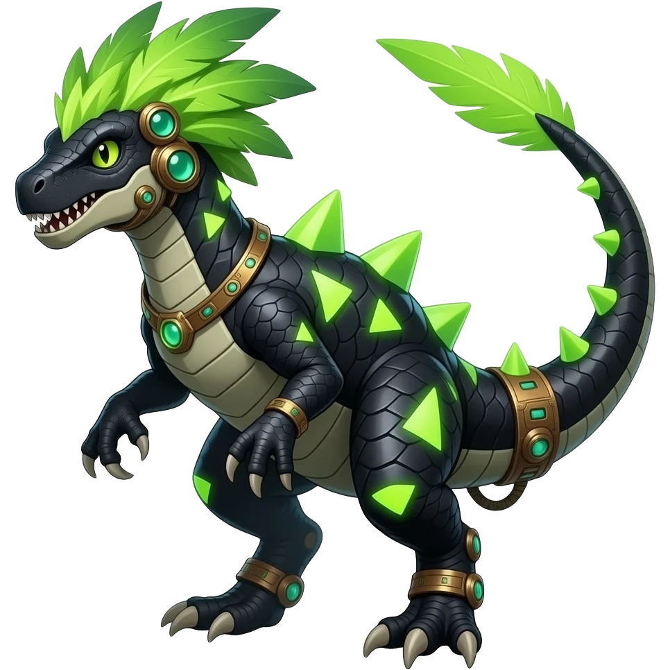 Cool edgy ancient black-scaled with neon-colored triangular stripe markings digitigrade vintage futuristic raptorik fantasy-Cyberpunk-Steampunk-Solarpunk-Genesect-Salamence-Tyranitar-Vernid-Fionbri-Fakémon-animal-hybrid, with neon-green feather-mane, and a tail blade, back spikes, full body emoji