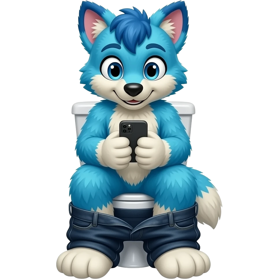 blue fursuit sitting on toilet, front view, pants down, looking down at phone emoji