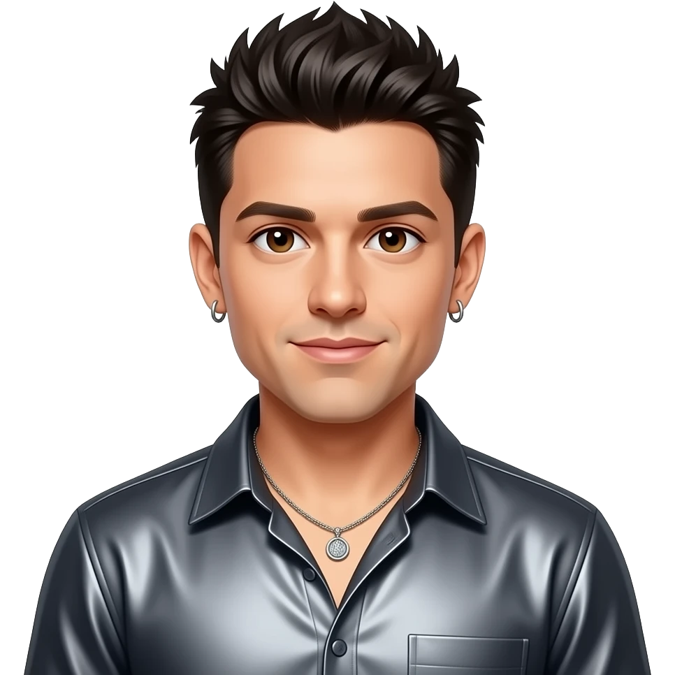 Chris Kirkpatrick from NSYNC with brown eyes, black 90s spiky hair, dark grey metallic shirt, necklace and earrings emoji