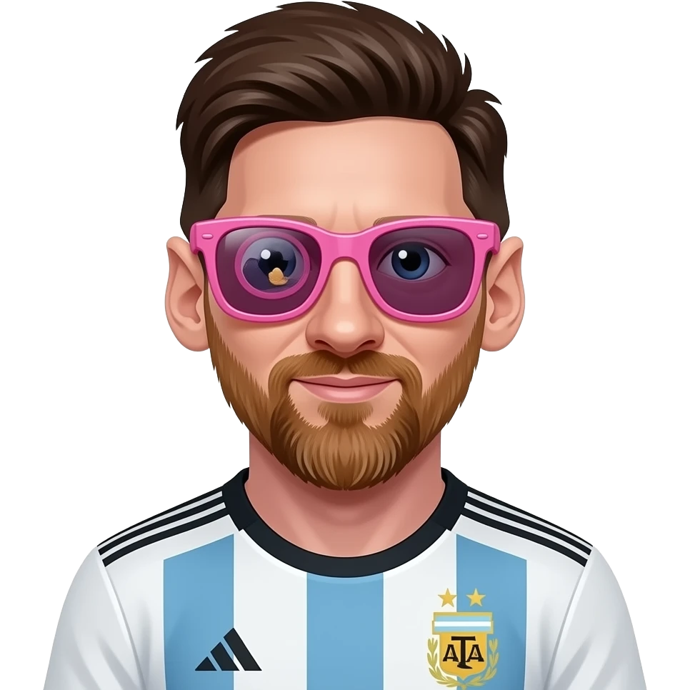 Messi emoji avatar, front-facing, Argentina jersey, clean cartoon style. Oversized pink sunglasses on the eyes; inside the left lens, a tiny pink sunglasses is hidden as a glossy reflection. emoji