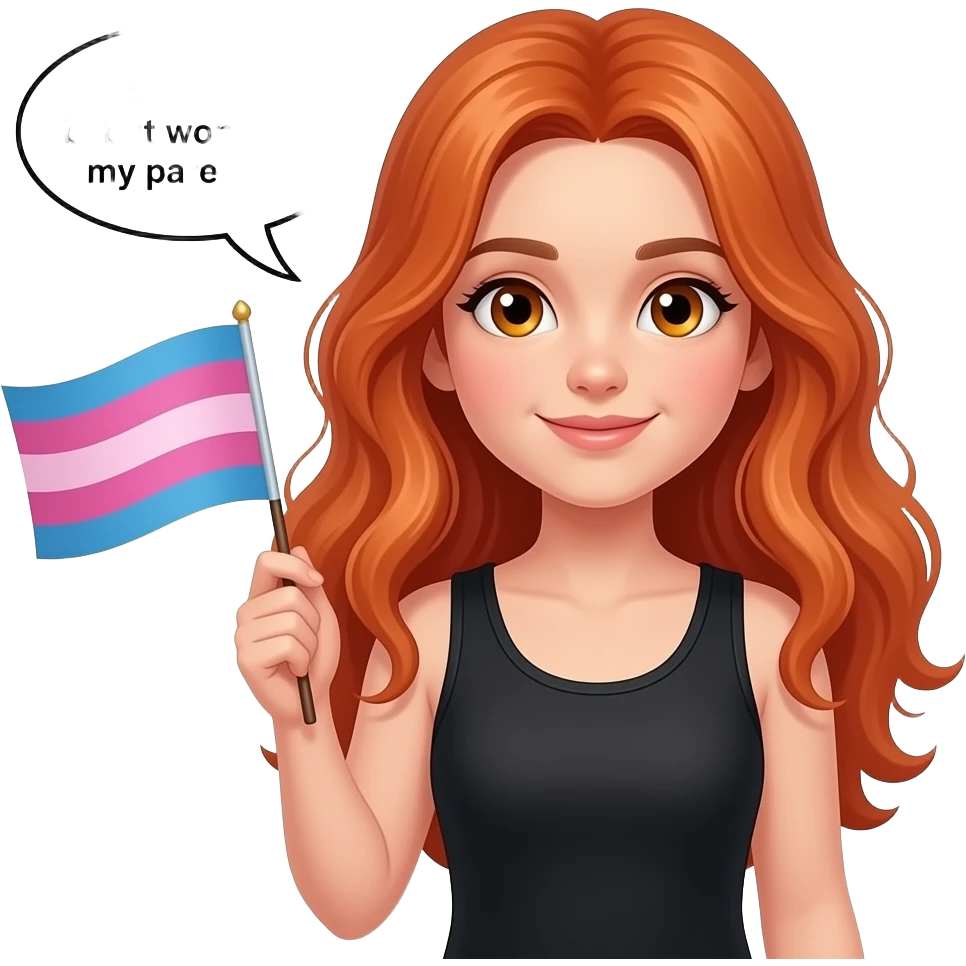 ten year old with long red hair and amber eyes and a black tanktop holding a bisexual flag and saying "I'm proud to be bi but won't tell my parents!!" emoji