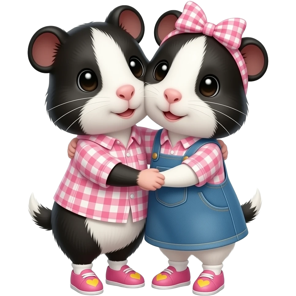 black and white guinea pig in long sleeve pink gingham shirt with a jean dress, pink shoes with yellow hearts and a pink gingham bow in hair hugging mama emoji