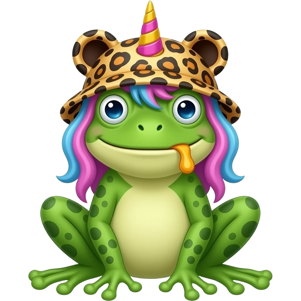hacme una rana boracha i que tenga la votella con un gorro con forma de leopardo con el pelo largo i pintado de unucornio emoji