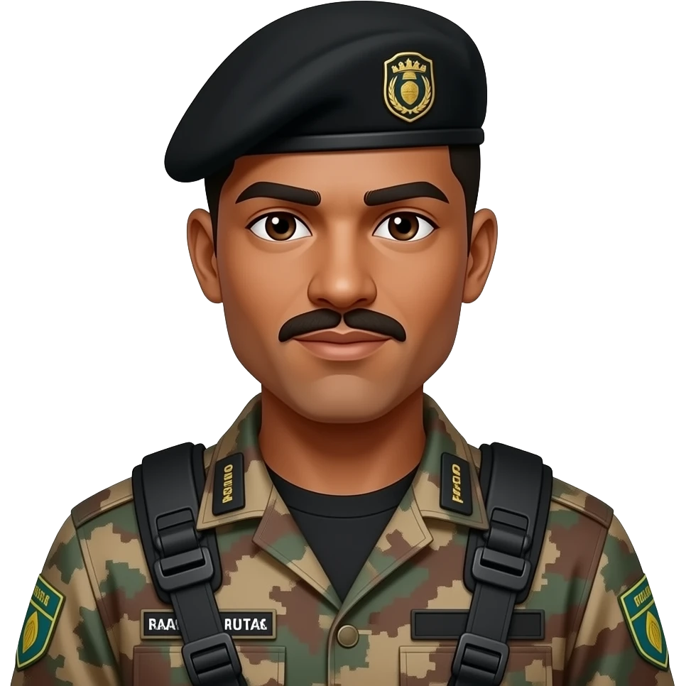 Sargento marcos Policial militar do Paraná masculino negro de bigode  com cabelo raspado com bigode  boina preta e farda tatica marrom e camiseta preta por dentro da farda, sem detalhes em preto na farda por fora sem nehum prestando continência emoji