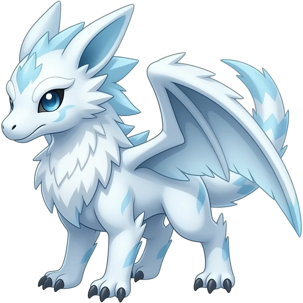 Cold cool icy wintery cozy furry fluffy snowy white albino flaky beautiful gorgeous attractive pretty Raptorik scaley feathery horned Amaura-Wargreymon-Aurorus-ExVeemon-WereGarurumon-Pokémon-Fakémon-hybrid-fusion-creature, full body emoji
