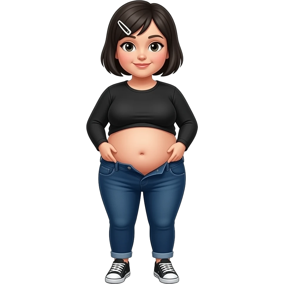 White woman with black short hair, white hair clip, black long sleeve shirt, dark blue jeans, white and black sneakers, and a chubby body lifting her shirt showing her chubby belly emoji
