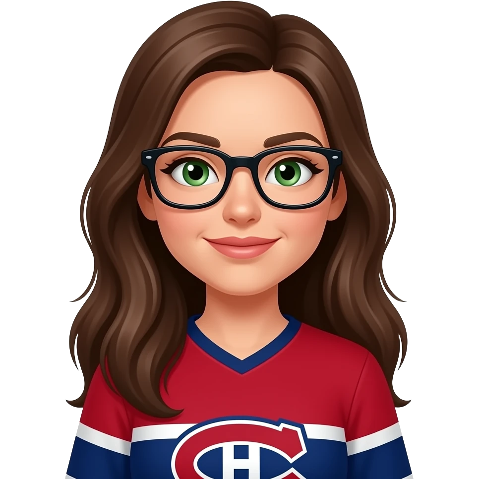 Female Montreal Canadiens fan Female extra long brown hair black frame glasses green eyes emoji