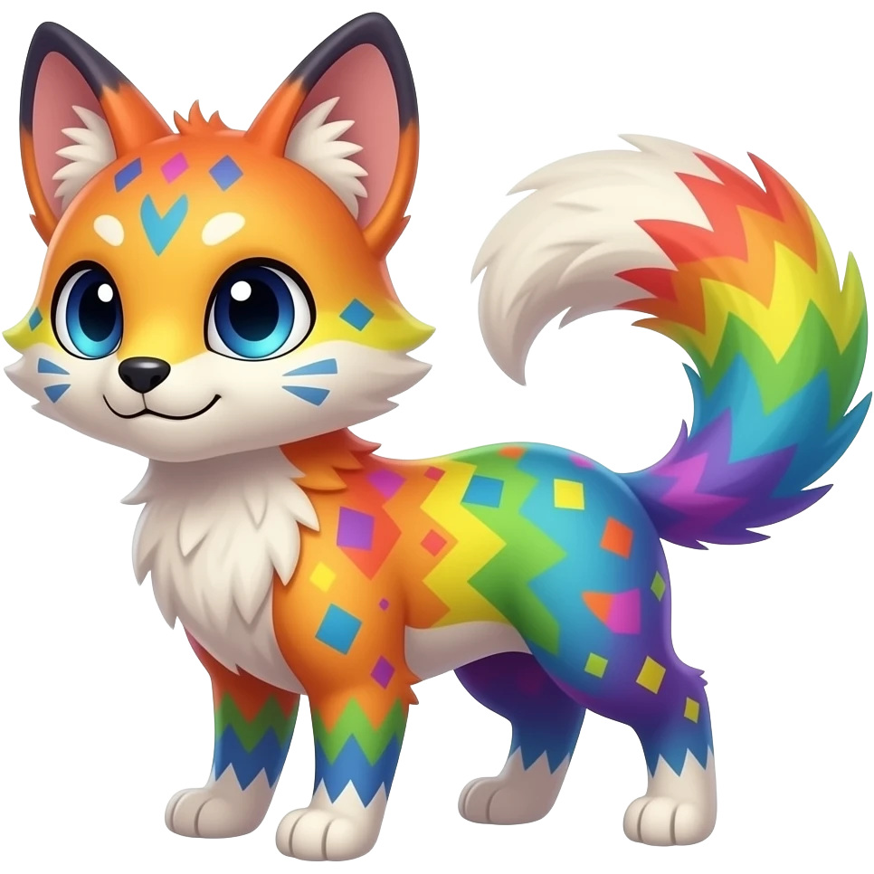 Feral Rare Fantasy vibrant colorful tropical cute, kawaii, cool, ed Vernid-Trico-species by LiLaiRa, random markings, tufted tail, tufted ears, full body, cheek markings emoji