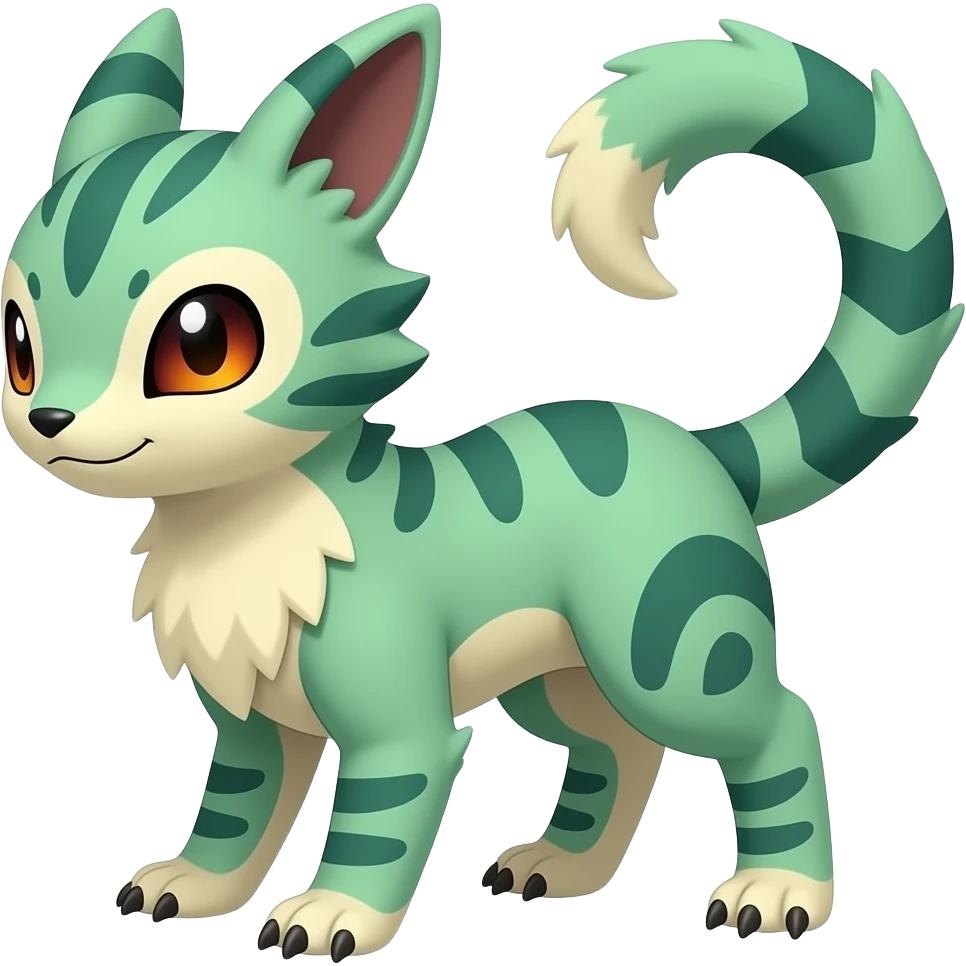 Japanese oriental asian painted Greenish beautiful handsome gorgeous aesthetic colorful vibrant Vernid-Trico-species-Fakemon-creature by LiLaiRa, 4 legs, 1 tail, random markings, (full body) emoji