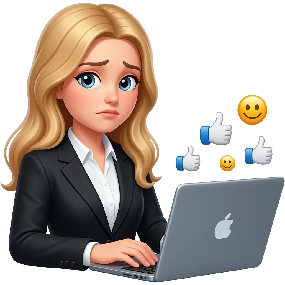 a girl-with long blond hair-working at a laptop-in a black business suit-disappointed because there are no likes-from above smileys above her head thumbs up emoji