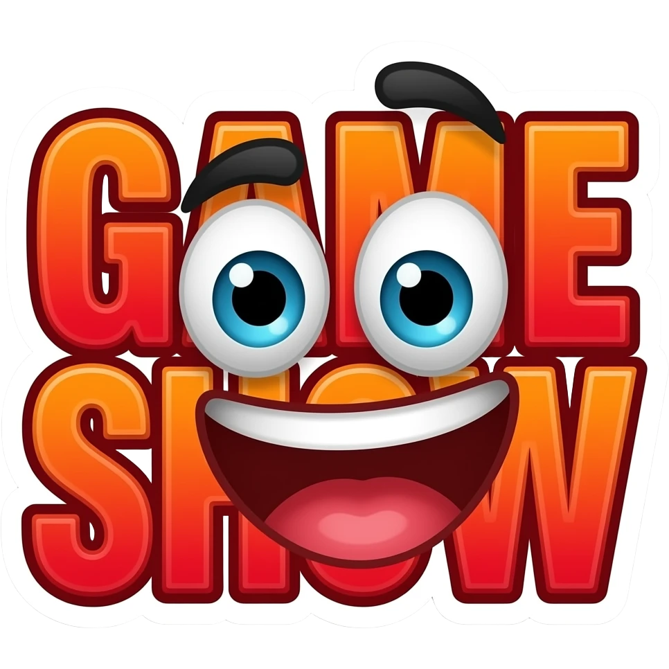 Funny game show emoji sticker inspired by retro pricing game aesthetics, bold block lettering, glossy red and orange background, exaggerated cartoon face expression, meme-core internet humor, thick white outline, vibrant colors, transparent background emoji