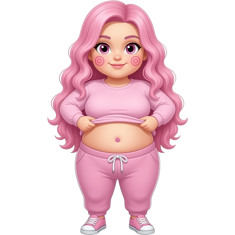 White obese girl pink eyes light pink swirly long hair pink swirl cheeks light pink plain long sleeve shirt light pink sweat pants light pink shoes lifting her shirt showing pink swirly belly button emoji