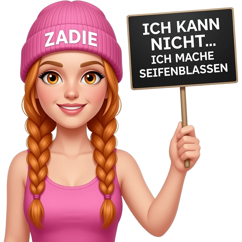sexy girl with overlong ginger braids and ginger eyes wearing a pink tanktop and a pink beanie with ZADIE written on it, is holding a black sign with ICH KANN NICHT... ICH MACHE SEIFENBLASEN written on it emoji