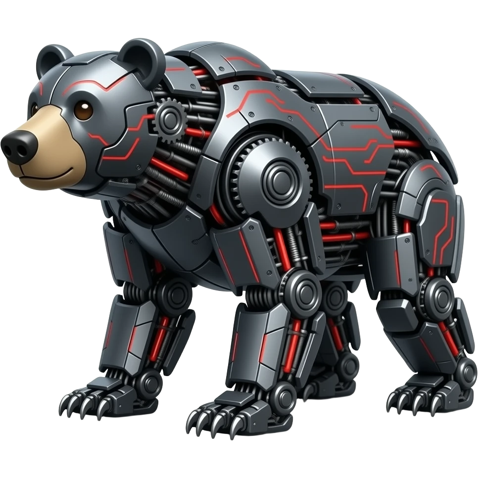 Completely Mechanical grizzly Bear made of dark gray metal with red markings on it. no real bear part, (fullbody) on all fours emoji
