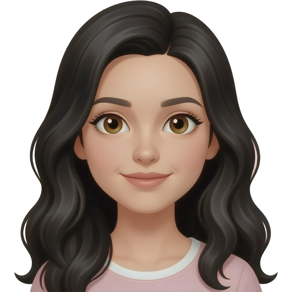Menina branca com olhos marrons e cabelo preto muito grande e meio ondulado emoji
